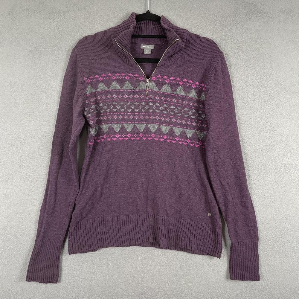 Eddie Bauer Sweater Womens Medium Purple Half Zip Pullover Fair Isle Merino Wool